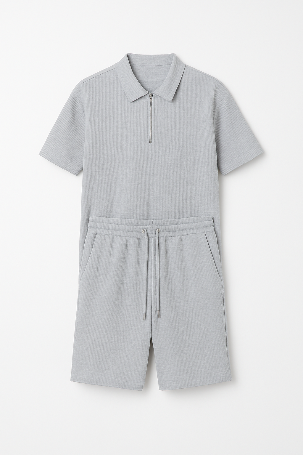 Casual Zip-Up Lapel Shorts Set