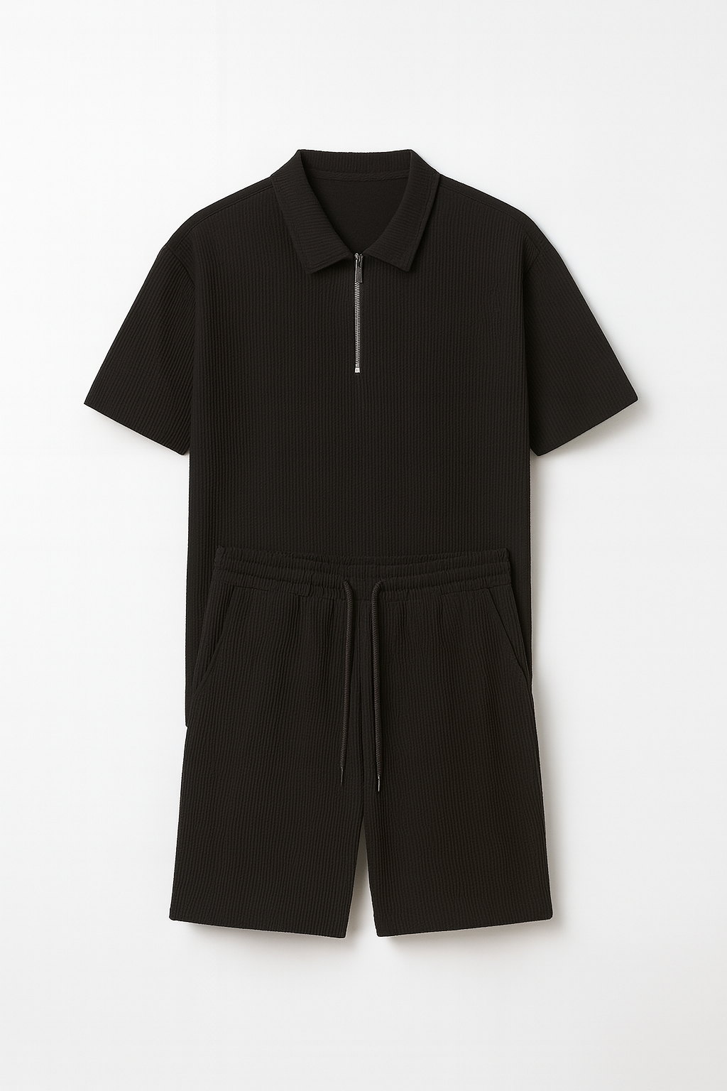 Casual Zip-Up Lapel Shorts Set