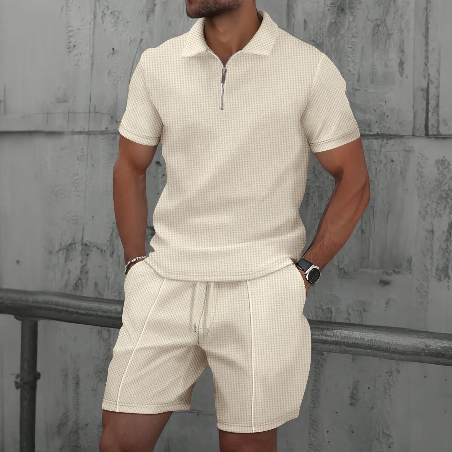 Casual Zip-Up Lapel Shorts Set