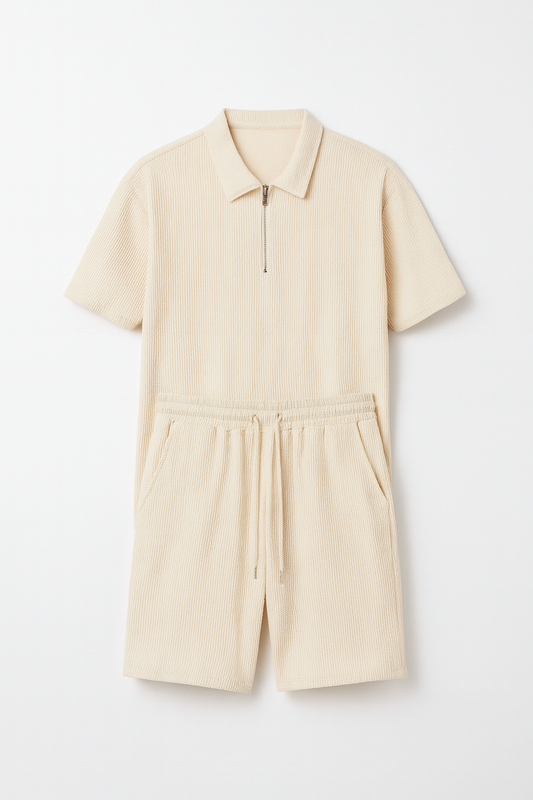 Casual Zip-Up Lapel Shorts Set