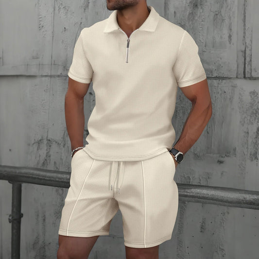 Casual Zip-Up Lapel Shorts Set